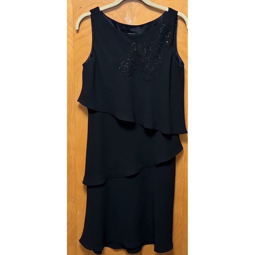 SL Fashions Womens Black Tiered Chiffon Lined Dress Rhinestone Accents Black 8